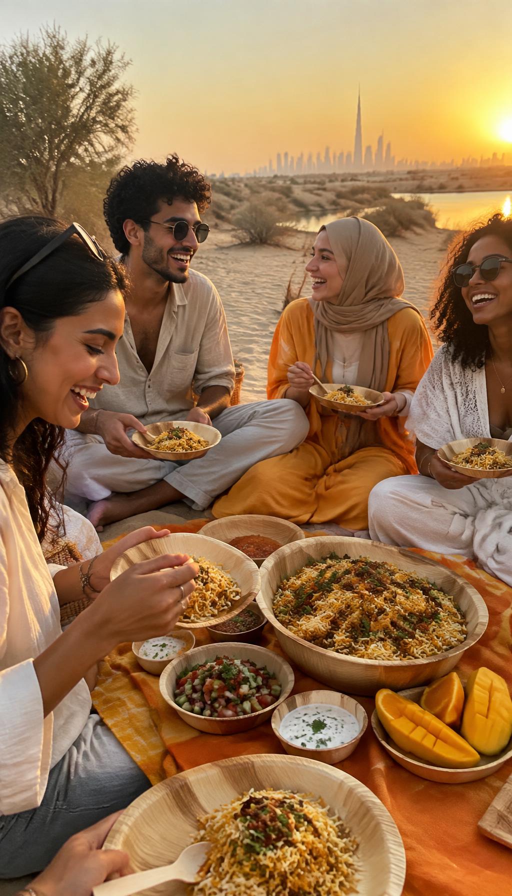 Friends enjoying biryani from palm-leaf tableware at an Al Qudra desert picnic